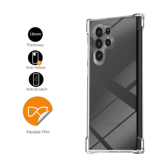 Funda de TPU para Samsung Galaxy S22 Ultra, Carcasa Flexible con Esquinas Reforzadas Antigolpes, Protección en Cámaras, Silicona Transparente