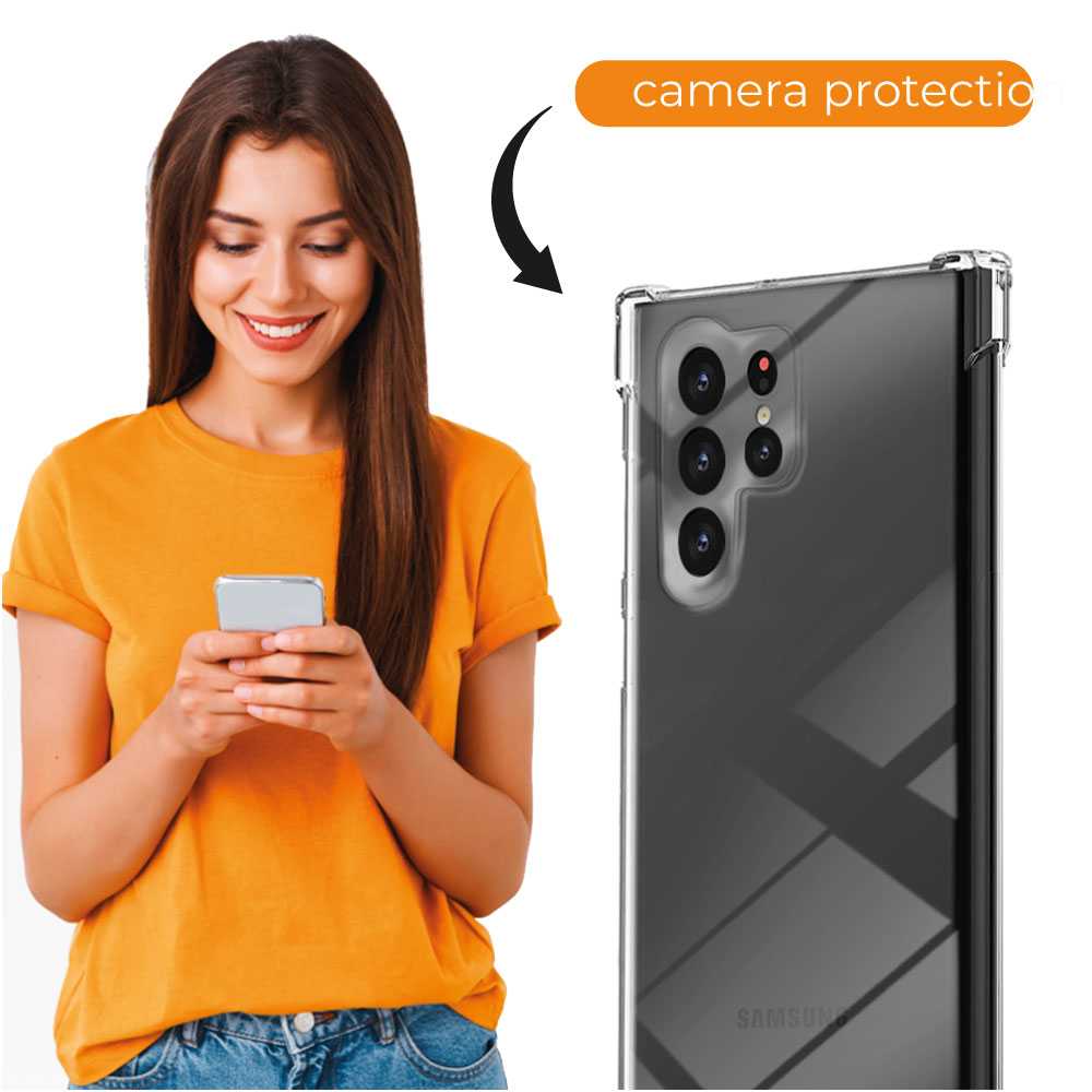 Funda de TPU para Samsung Galaxy S22 Ultra, Carcasa Flexible con Esquinas Reforzadas Antigolpes, Protección en Cámaras, Silicona Transparente