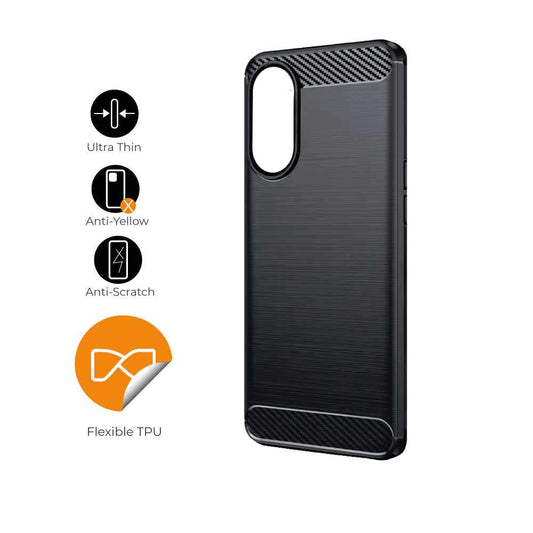 Funda Protectora Negra para OPPO A17 / OPPO A17K, Carcasa de Proteccion Efecto fibra de carbono, Proteccion para la Camara Trasera, Flexible en Silicona Gel