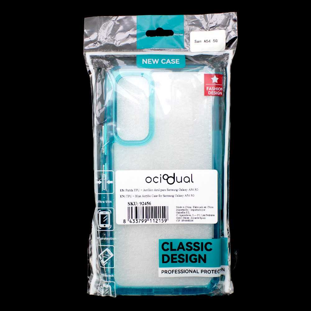 Funda de TPU para Galaxy A54 5G, Funda transparente con borde azul, Proteccion en Camaras, Silicona Transparente