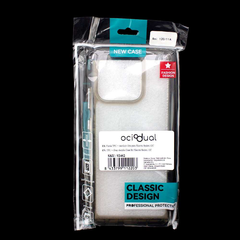 Funda de TPU para Xiaomi Redmi 12C, Funda transparente con borde gris claro, Proteccion en Camaras, Silicona Transparente