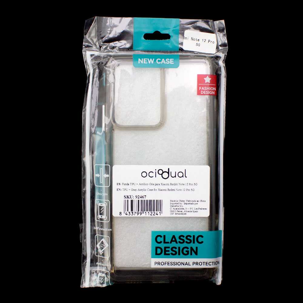 Funda de TPU para Redmi Note 12 Pro 5G, Funda transparente con borde gris claro, Proteccion en Camaras, Silicona Transparente