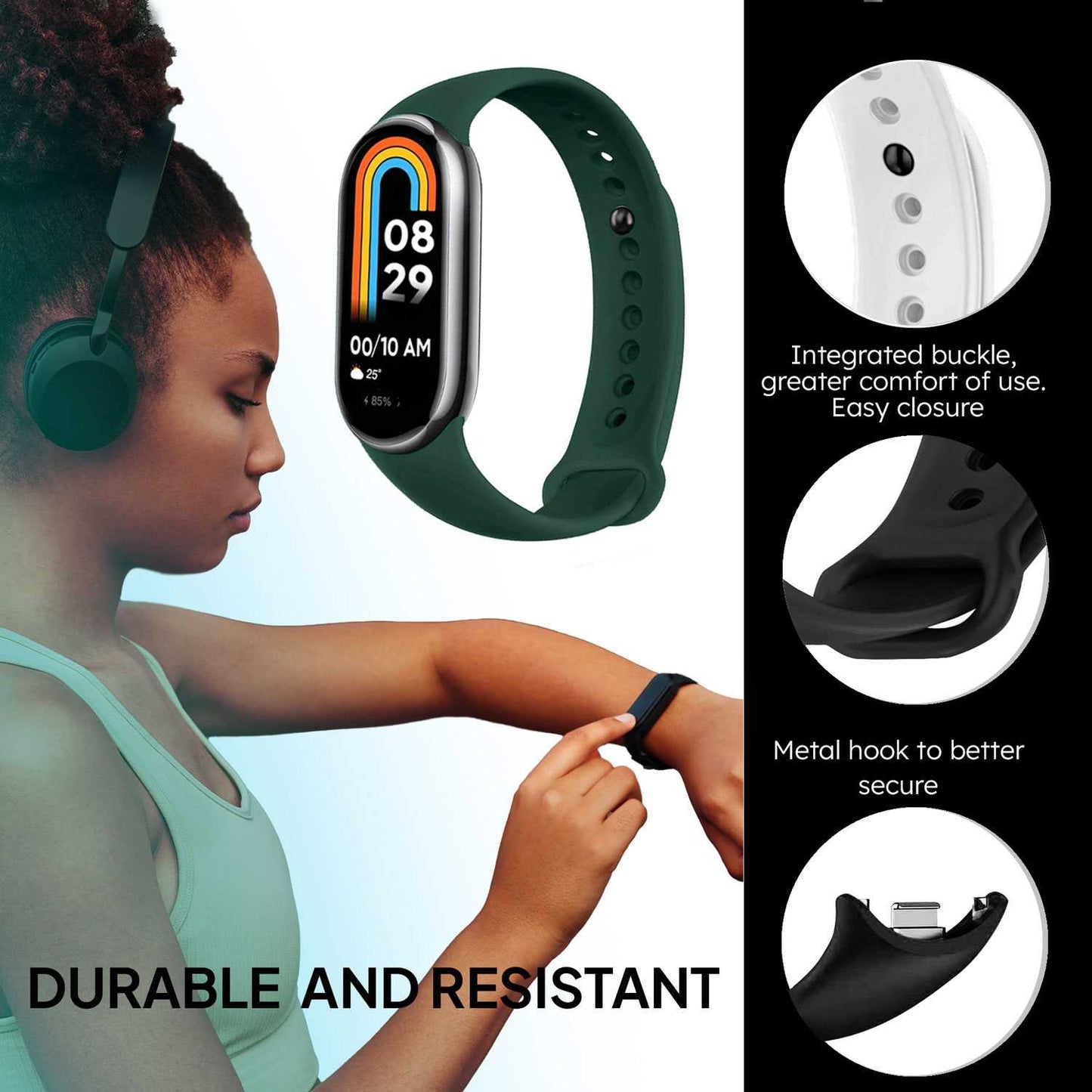 Correa de Recambio para Xiaomi Mi Band 9 y Mi Band 8, de color Verde Oscuro, Enganche Métalico, Flexible Sport