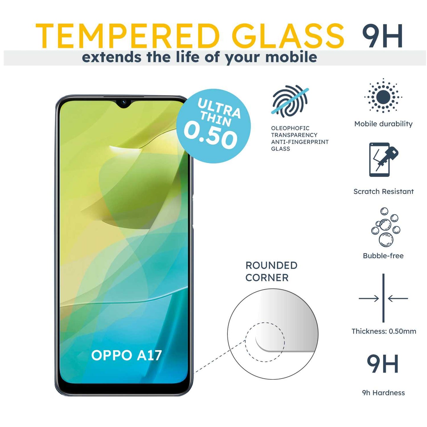 3 Protectores para Oppo A17, Pack x3 Protectores de Pantalla, Cristal Templado, Antiarañazos,