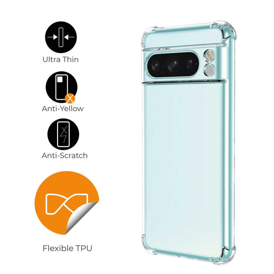 Funda de TPU para Google Pixel 8 Pro, Carcasa Flexible con Esquinas Reforzadas Antigolpes, Protección en Cámaras, Silicona Transparente