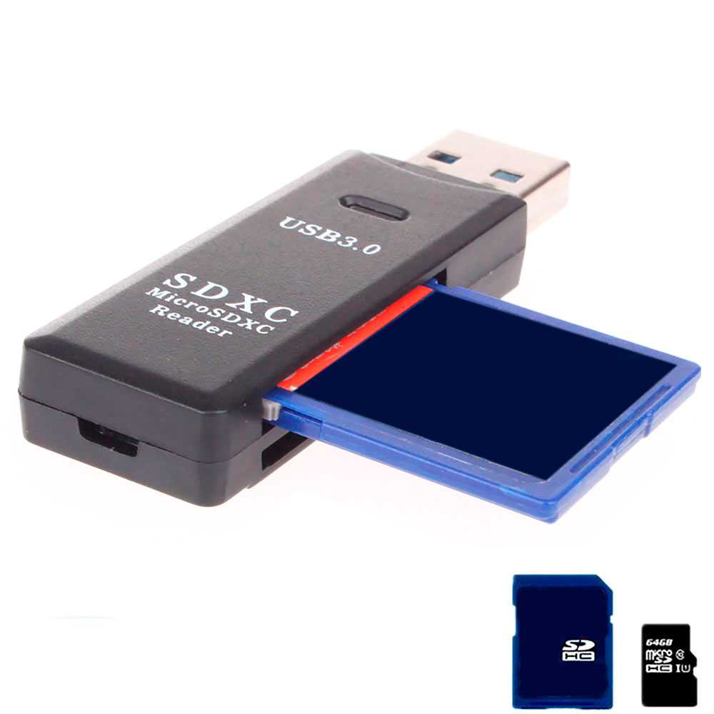 Adaptador Lector USB 3.0 Tipo A 2 Puertos con Luz LED para Tarjetas de Memoria SD SDHC SDXC MMC MicroSD TF Negro