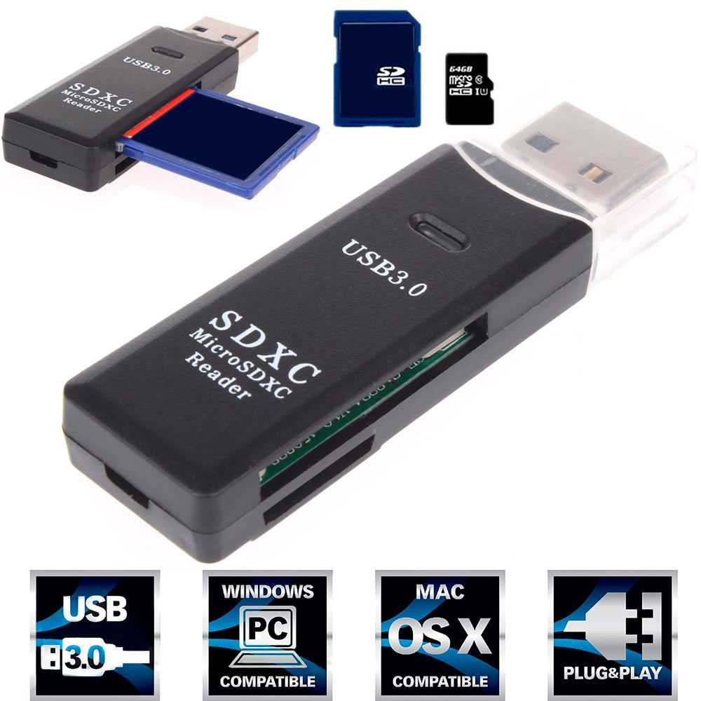 Adaptador Lector USB 3.0 Tipo A 2 Puertos con Luz LED para Tarjetas de Memoria SD SDHC SDXC MMC MicroSD TF Negro