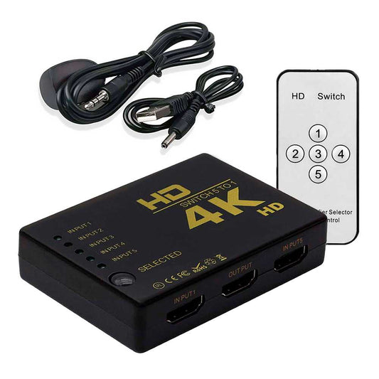 Conmutador HDTV 4K Switch 5 Puertos Color Negro para ver PC Ordenador Portátil DVD en un solo TV Monitor Splitter con Mando IR Infrarrojos