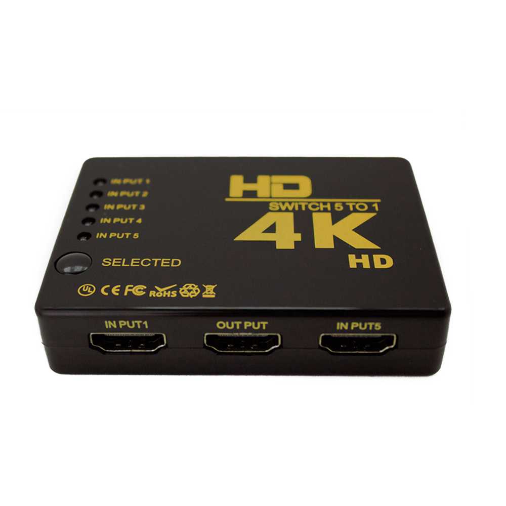 Conmutador HDTV 4K Switch 5 Puertos Color Negro para ver PC Ordenador Portátil DVD en un solo TV Monitor Splitter con Mando IR Infrarrojos