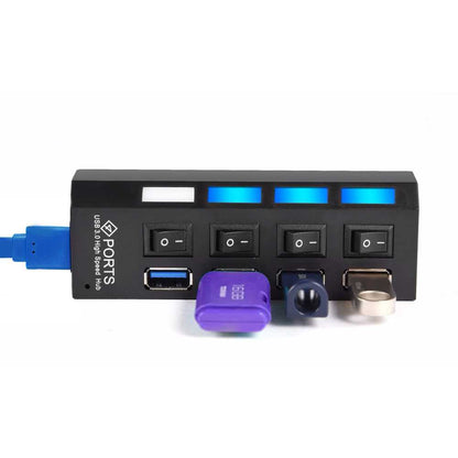 Ladrón HUB USB 3.0/2.0 de 4 Puertos Negro Alta Velocidad con Interruptor de Encendido y Apagado para Windows, Mac Os, Linux, PC y Ordenador Portatil