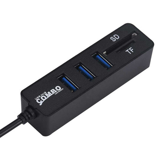 Ladrón Multipuerto Negro Adaptador HUB de 3 Puertos USB 2.0 + Lector tarjetas SD + Lector Micro SD Velocidad hasta 5GBPS