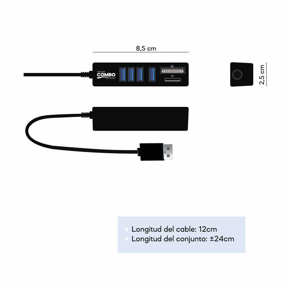 Ladrón Multipuerto Negro Adaptador HUB de 3 Puertos USB 2.0 + Lector tarjetas SD + Lector Micro SD Velocidad hasta 5GBPS