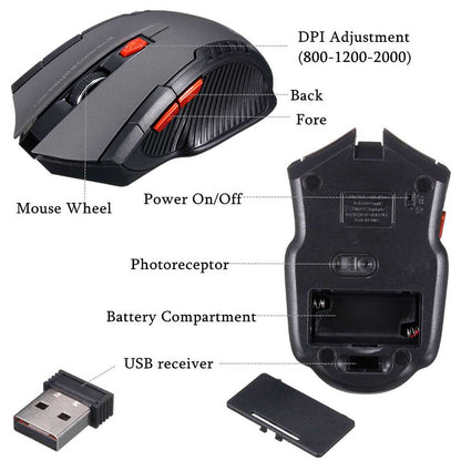 Ratón Inalámbrico GF2428 Rojo Gaming Wireless Óptico 1600 DPI con 6 Botones Receptor USB 2.0 para PC Laptop Windows