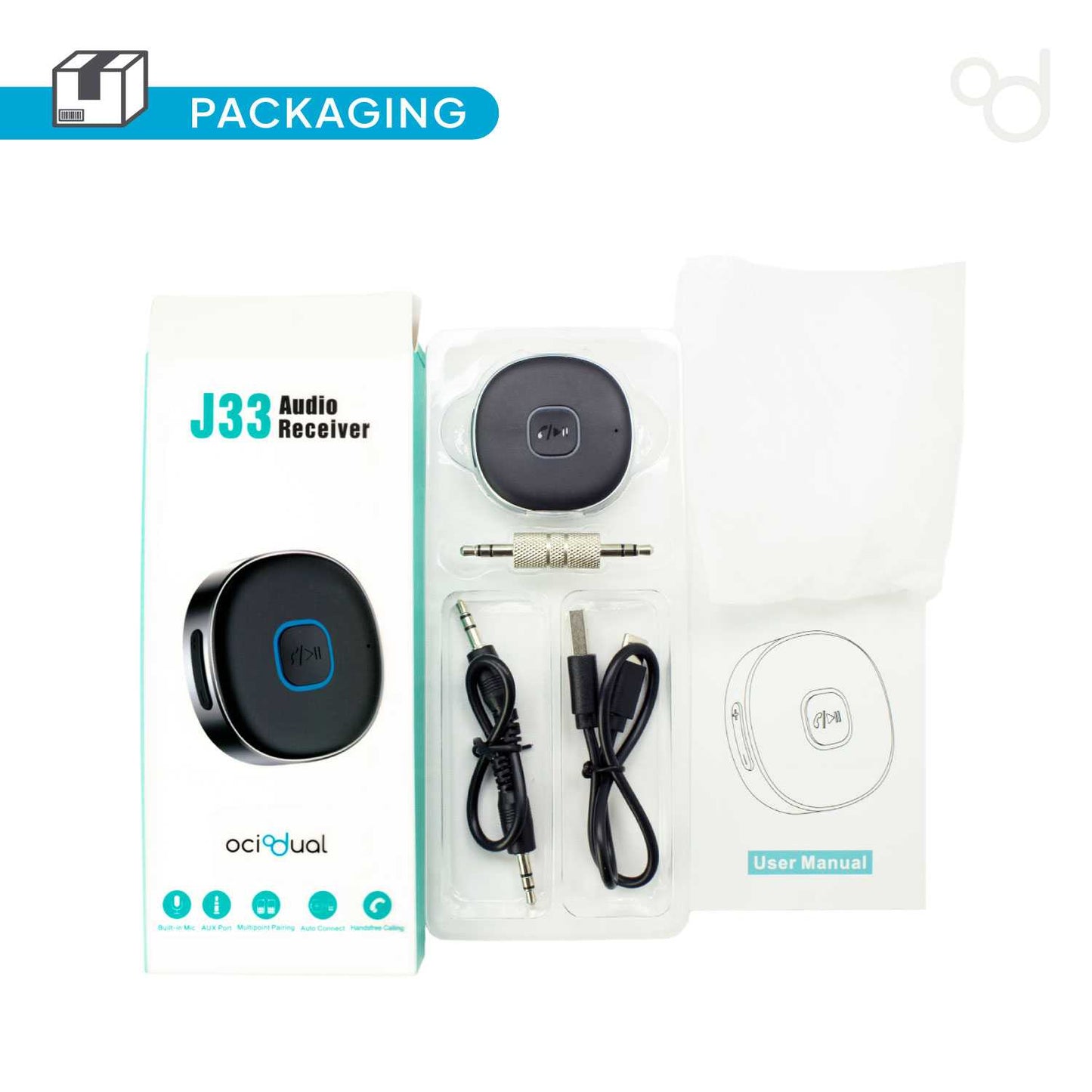 Receptor Bluetooth Coche, Adaptador Bluetooth Jack 3,5mm, Manos Libres/Altavoces/Auriculares, J33,Negro Mate/Plata