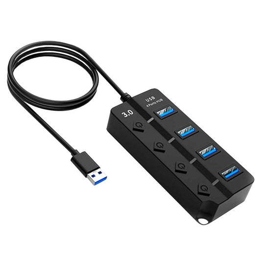Hub Adaptador 4 Tomas USB 3.0 Botones ON/OFF Negro para PC Ordenador Portatil Interruptores Independientes con Luz LED