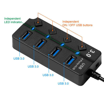 Hub Adaptador 4 Tomas USB 3.0 Botones ON/OFF Negro para PC Ordenador Portatil Interruptores Independientes con Luz LED