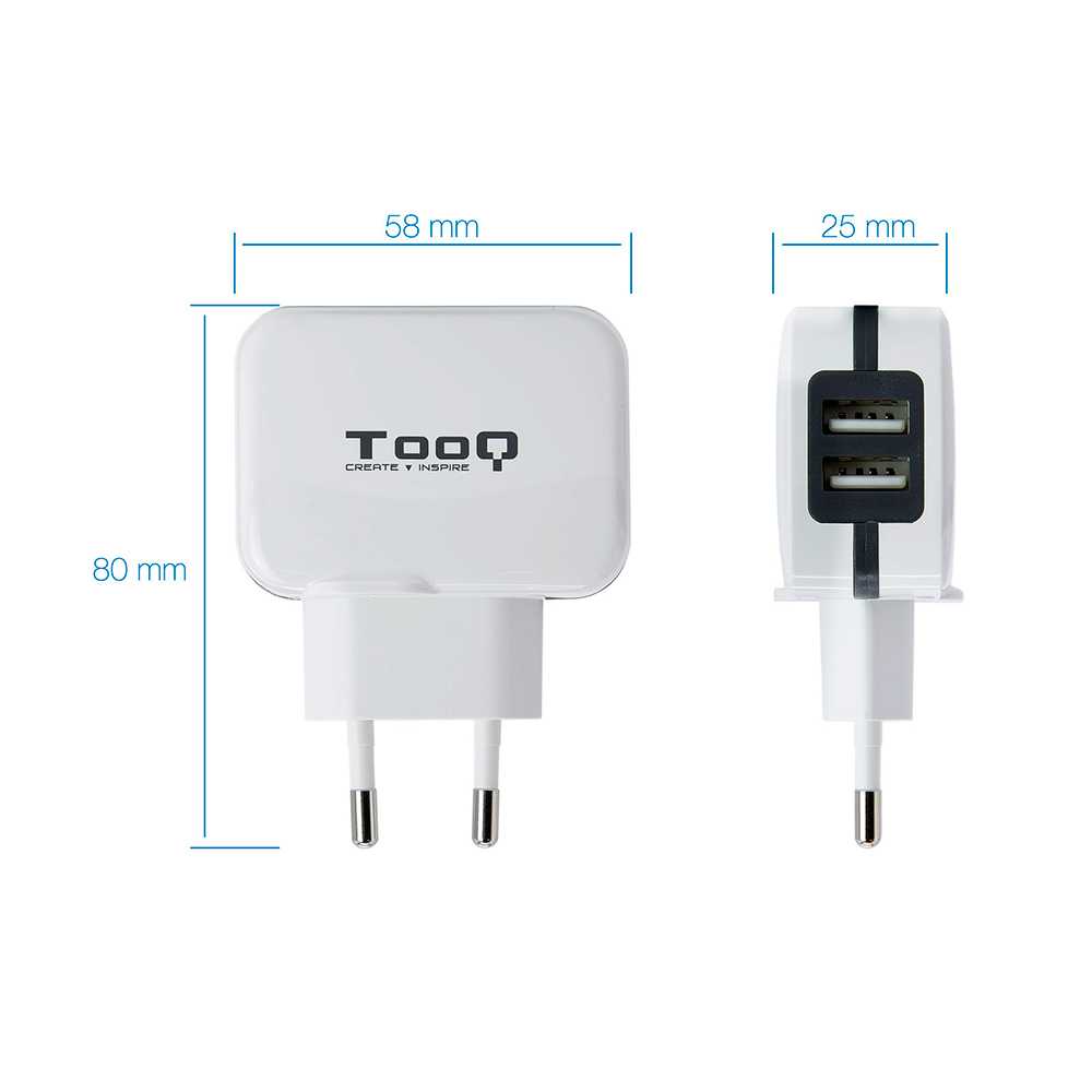 Tooq TQWC-1S02WT Cargador de Pared Red 17W 3.4A Doble USB 5V para Smartphones Tablets Blanco Adaptador Carga Corriente