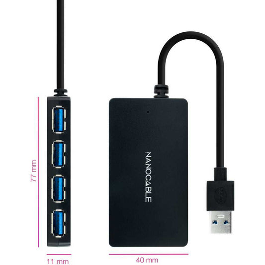 Hub Usb Nanocable 3.0 4-Puertos 3.0 Hembra, USB-A/M Negro 15cm