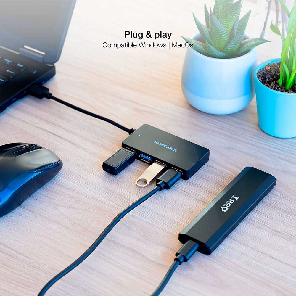Hub Usb Nanocable 3.0 4-Puertos 3.0 Hembra, USB-A/M Negro 15cm