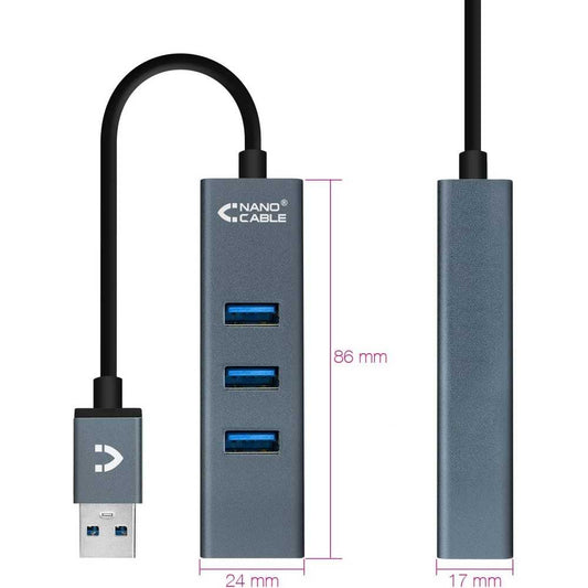 Nanocable 10.16.4402 Adaptador Hub 4 Puertos USB 3.0 Gris 10cm, Concentrador Ladrón Multipuerto Conversor