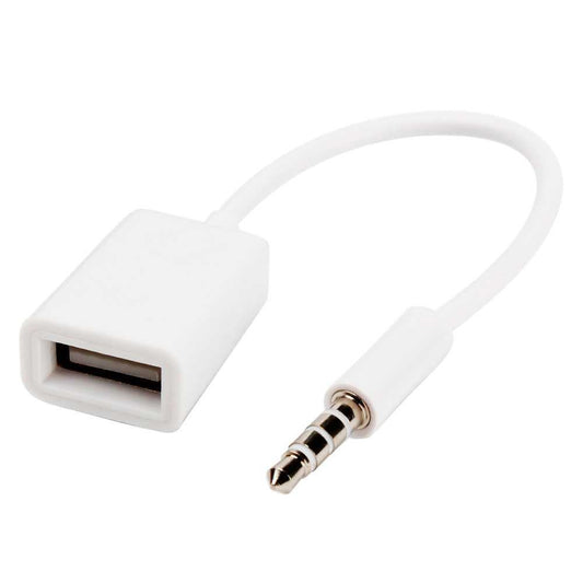 Cable Audio de USB Hembra a Aux Jack Macho 3.5mm Adaptador Auxiliar Blanco para Radio Coche con Función Decodificador