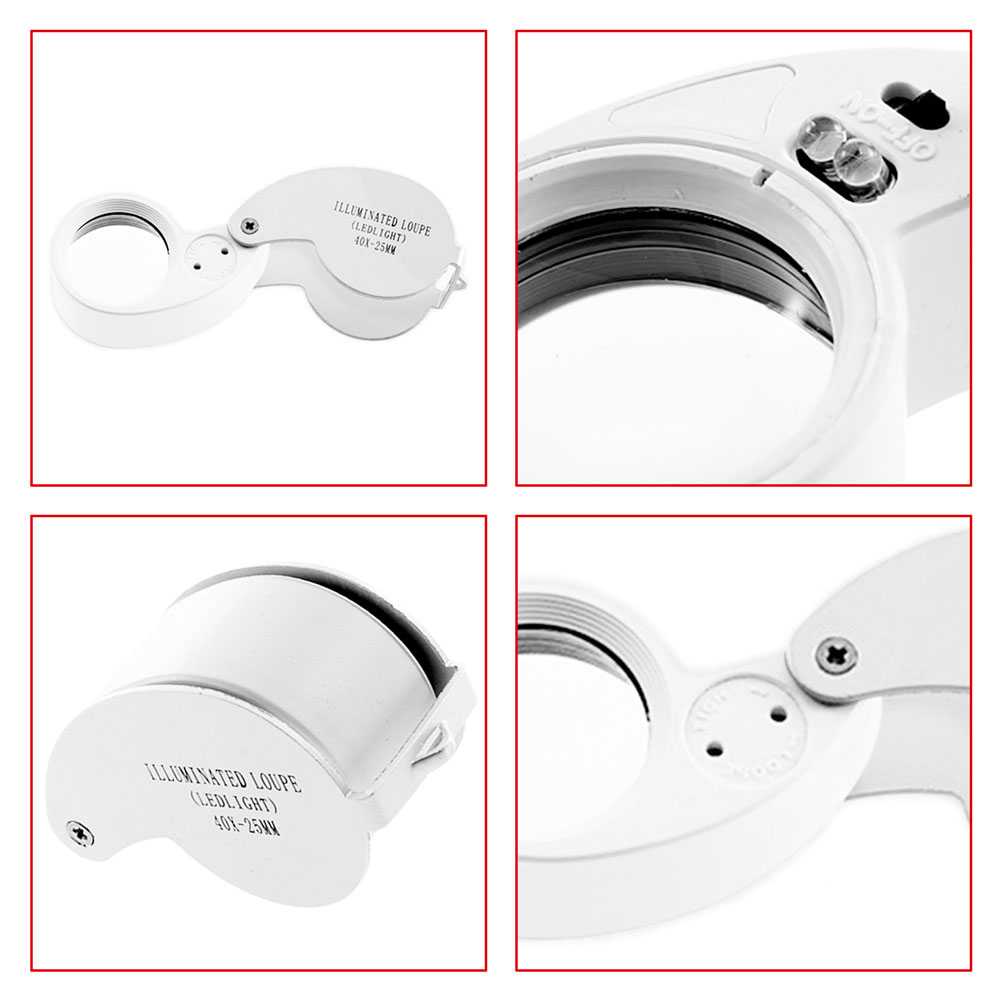 Lupa de Precisión 40x con Luz LED Lente Aumento 40x25mm Joyero Monedas Blanco y Plata