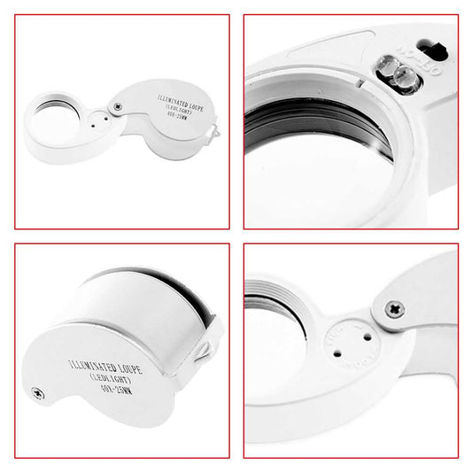 Lupa de Precisión 40x con Luz LED Lente Aumento 40x25mm Joyero Monedas Blanco y Plata