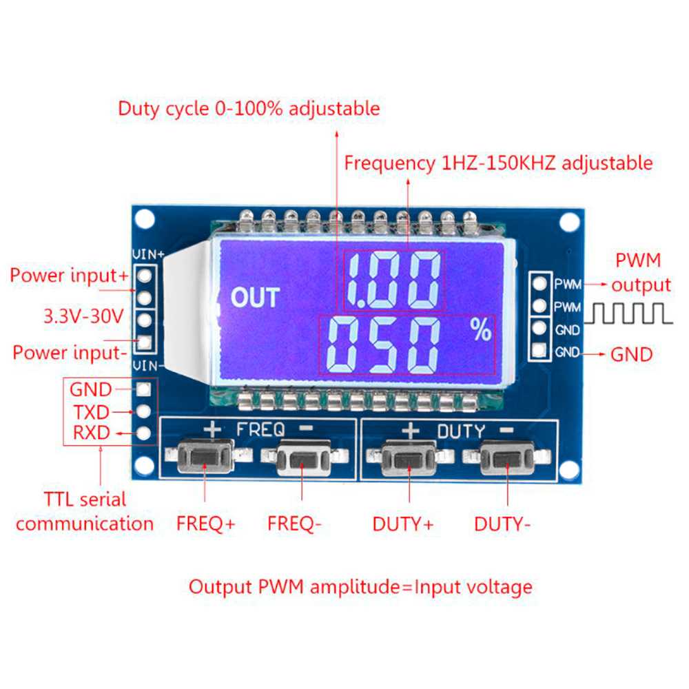 Módulo Generador de Señal PWM Frecuencia Pulso Ciclo de Trabajo Ajustable 1Hz/150 kHz 3.3/30 V Pantalla LCD
