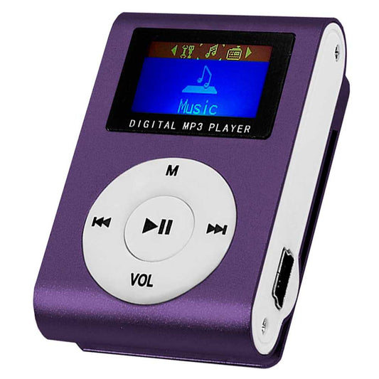 Reproductor MP3 con Clip Pantalla LCD Soporta Tarjeta Micro SD hasta 32 GB Morado Lector de Música Audio Metálico