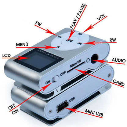 Reproductor MP3 con Clip Pantalla LCD Soporta Tarjeta Micro SD hasta 32 GB Morado Lector de Música Audio Metálico