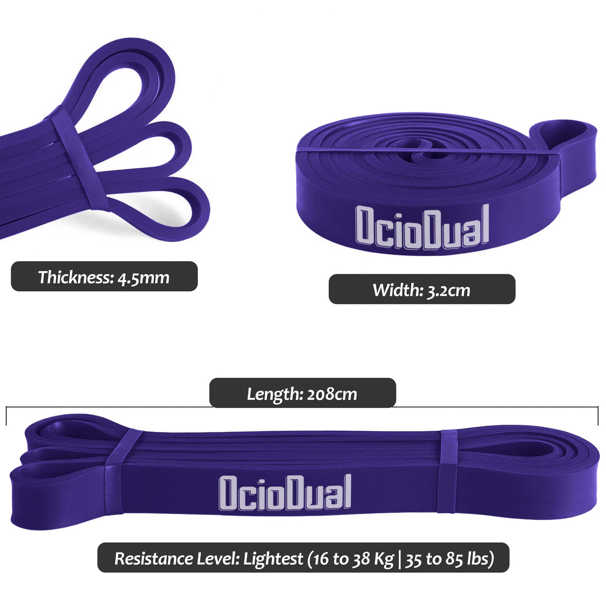 Medidas de banda elástica morada de 45 mm de ancho y 208 cm de longitud