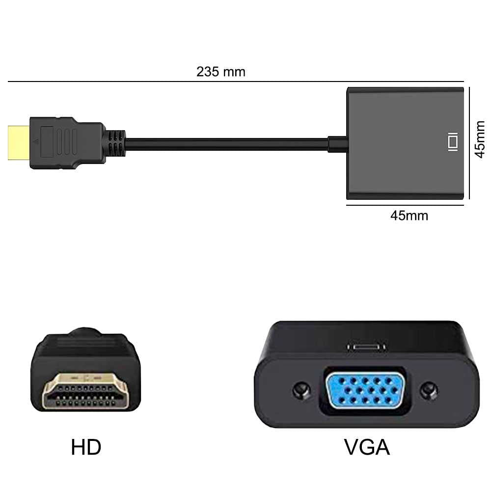 Adaptador Conversor de Señal Video Cable de Entrada HDMI Macho a Salida VGA Hembra 1080p Negro para PC DVD Monitor