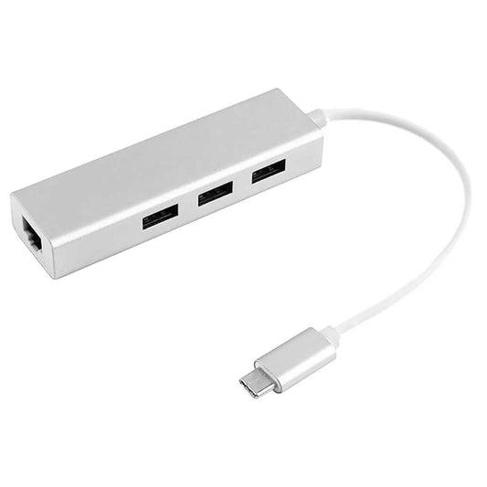 Hub con RJ45 Plateado y 3 Puertos USB 3.0 Adaptador Tarjeta de Red 10 100 Mbps Ethernet para Portatil con USB Tipo C
