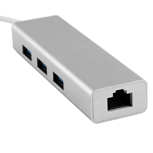 Hub con RJ45 Plateado y 3 Puertos USB 3.0 Adaptador Tarjeta de Red 10 100 Mbps Ethernet para Portatil con USB Tipo C