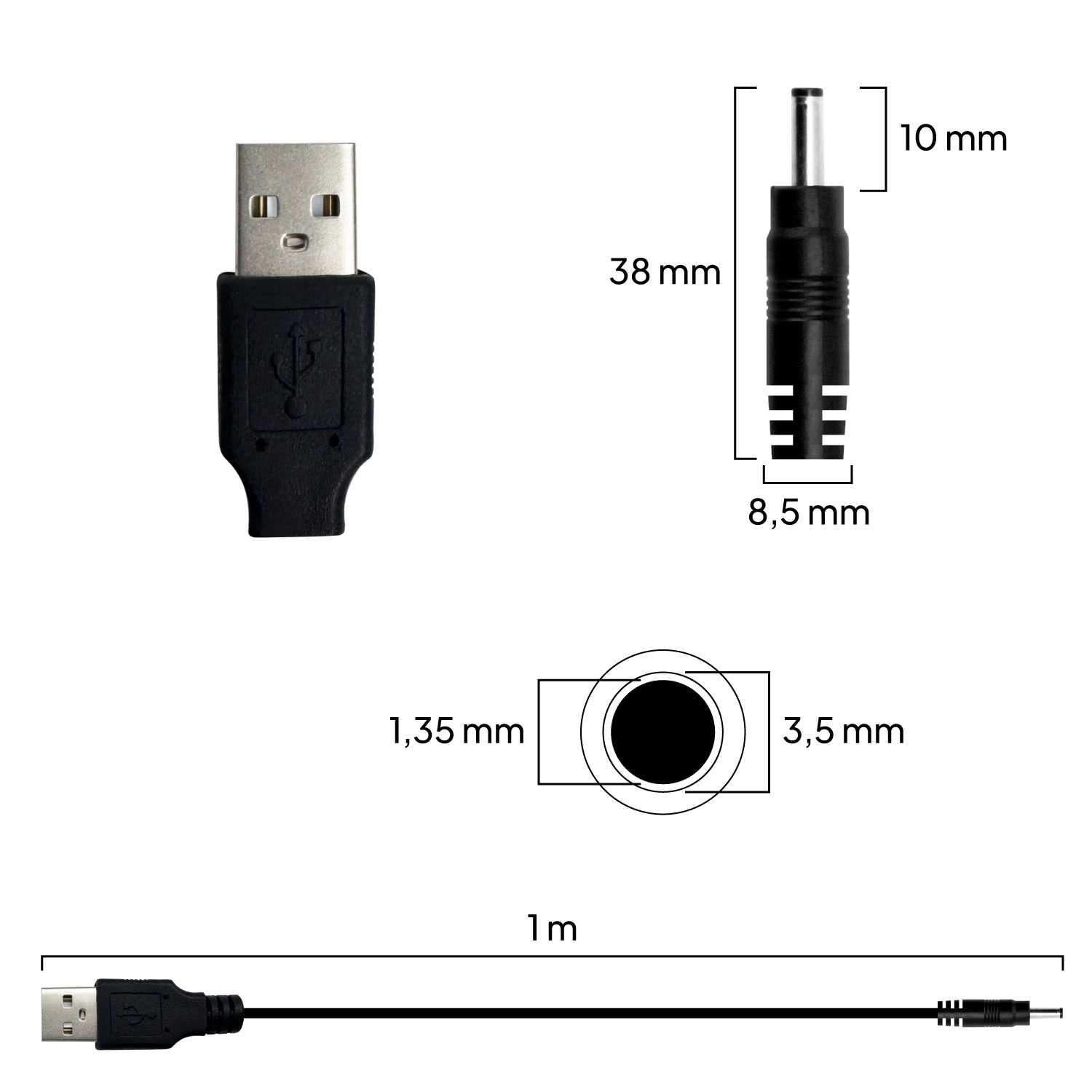 Cable USB Cargador para Tablet Android MP3 3.5mm 5V 2A Alimentacion DC Negro