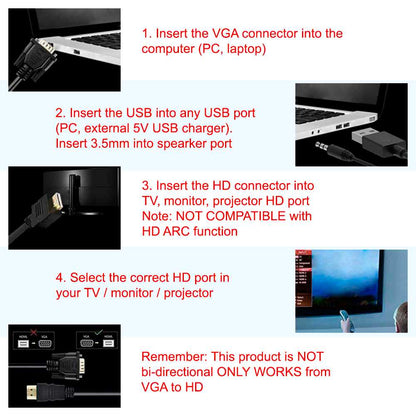 Cable Adaptador VGA Macho a HDTV Hembra con Salida de Audio MIni Jack 3,5mm Negro Convertidor Conversor HDTV 1080p