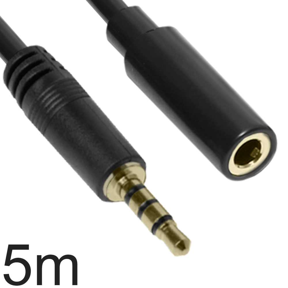 Cable de Audio con Micro 5m Negro Alargador Mini Jack 3.5mm OMTP TRRS 4 Polos Macho a Hembra Estéreo para Teléfonos PC