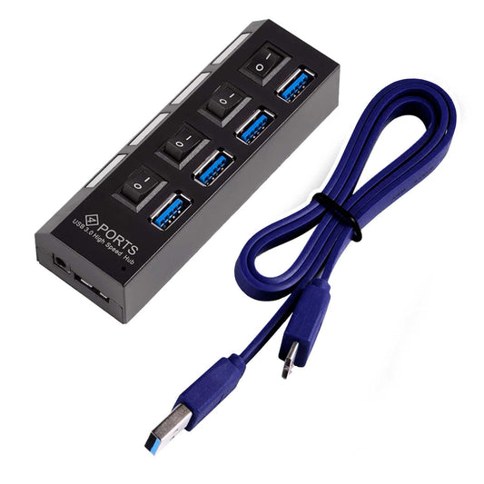 Ladrón HUB USB 3.0/2.0 de 4 Puertos Negro Alta Velocidad con Interruptor de Encendido y Apagado para Windows, Mac Os, Linux, PC y Ordenador Portatil