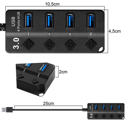 Hub Adaptador 4 Tomas USB 3.0 Botones ON/OFF Negro para PC Ordenador Portatil Interruptores Independientes con Luz LED