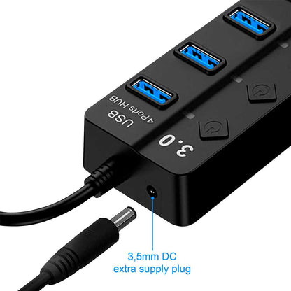 Hub Adaptador 4 Tomas USB 3.0 Botones ON/OFF Negro para PC Ordenador Portatil Interruptores Independientes con Luz LED