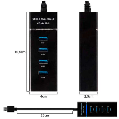 Hub 4 Puertos USB Tipo A 3.0+2.0 Iluminacion con Luz LED Splitter Negro para PC Ordenador de Mesa Portatil Adaptador Concentrador Entradas