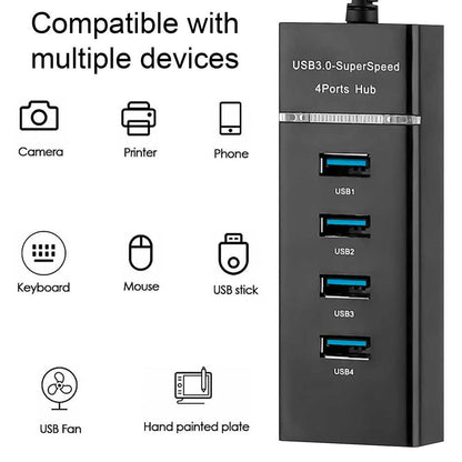 Hub 4 Puertos USB Tipo A 3.0+2.0 Iluminacion con Luz LED Splitter Negro para PC Ordenador de Mesa Portatil Adaptador Concentrador Entradas
