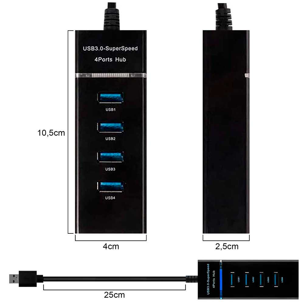 Hub 4 Puertos USB Tipo A 3.0 Iluminacion con Luz LED Splitter Negro para PC Ordenador de Mesa Portatil Adaptador Concentrador Entradas