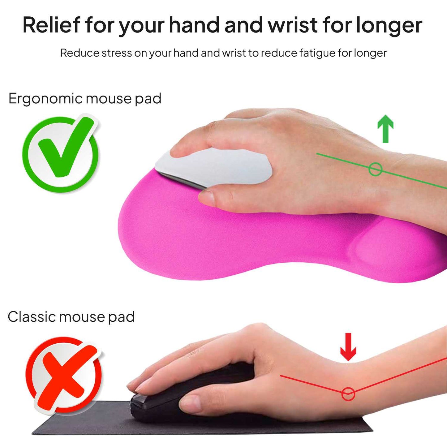 Alfombrilla de Ratón con Reposamuñecas de Gel, ergonómica, de Color Fucsia, Base de Goma Antideslizante, 23 cm x 19 cm