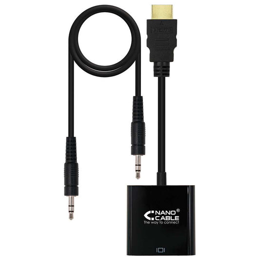 Nanocable 10.16.2001-BK Adaptador de HDMI a VGA M/H con Audio Alimentación Negro Conversor Sonido Jack 3.5mm para PC