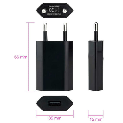 NANOCABLE Cargador de Pared USB 5W Negro 10.10.2002 5V 1A Alimentador Carga Adaptador Red Compacto para Smartphones