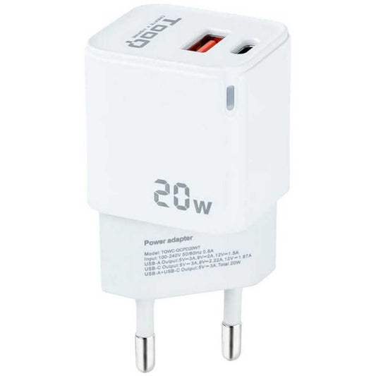 TooQ Cargador de Pared con 2 Puertos, USB-C PD y USB-A QC 20W, Carga Rápida  Color Blanco