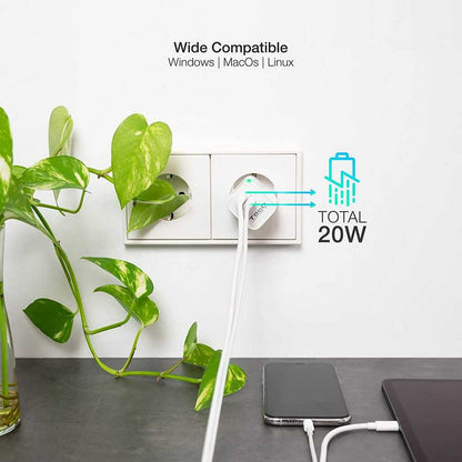 TooQ Cargador de Pared con 2 Puertos, USB-C PD y USB-A QC 20W, Carga Rápida  Color Blanco