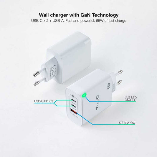 TOOQ TQWC Cargador de Pared de 3 Puertos, 2 Puertos USB-C PD y un Puerto USB-A QC 65W Color Blanco