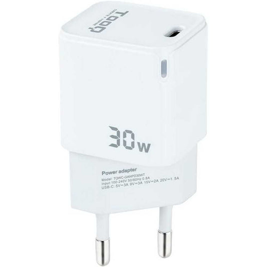 TOOQ Cargador de Pared USB-C 30W de Carga Rápida Color Blanco con tecnología GaN 100-240V